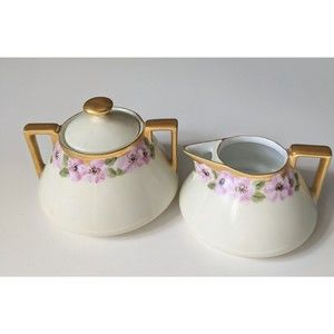 BAVARIA HAND PAINTED ROSE FLORAL & GOLD ART DECO CREAMER & SUGAR